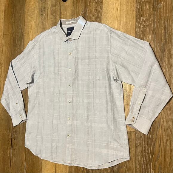 Tommy Bahama Linen Textured Long Sleeve Button Up Plaid Check Shirt Men XL Gray - Picture 2 of 7